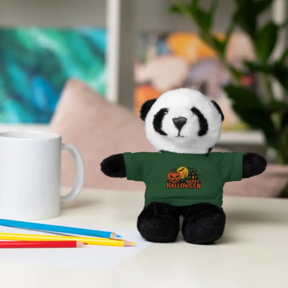 Plush panda bear with Halloween haunted house tee collectible stuffed animal toy