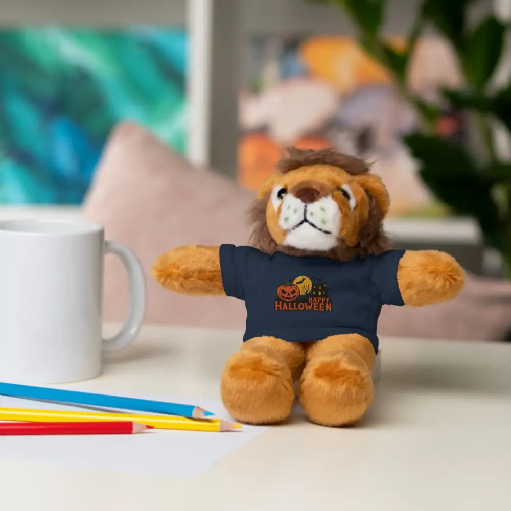 Plush lion toy wearing a Halloween haunted house graphic T-shirt, collectible plush toy