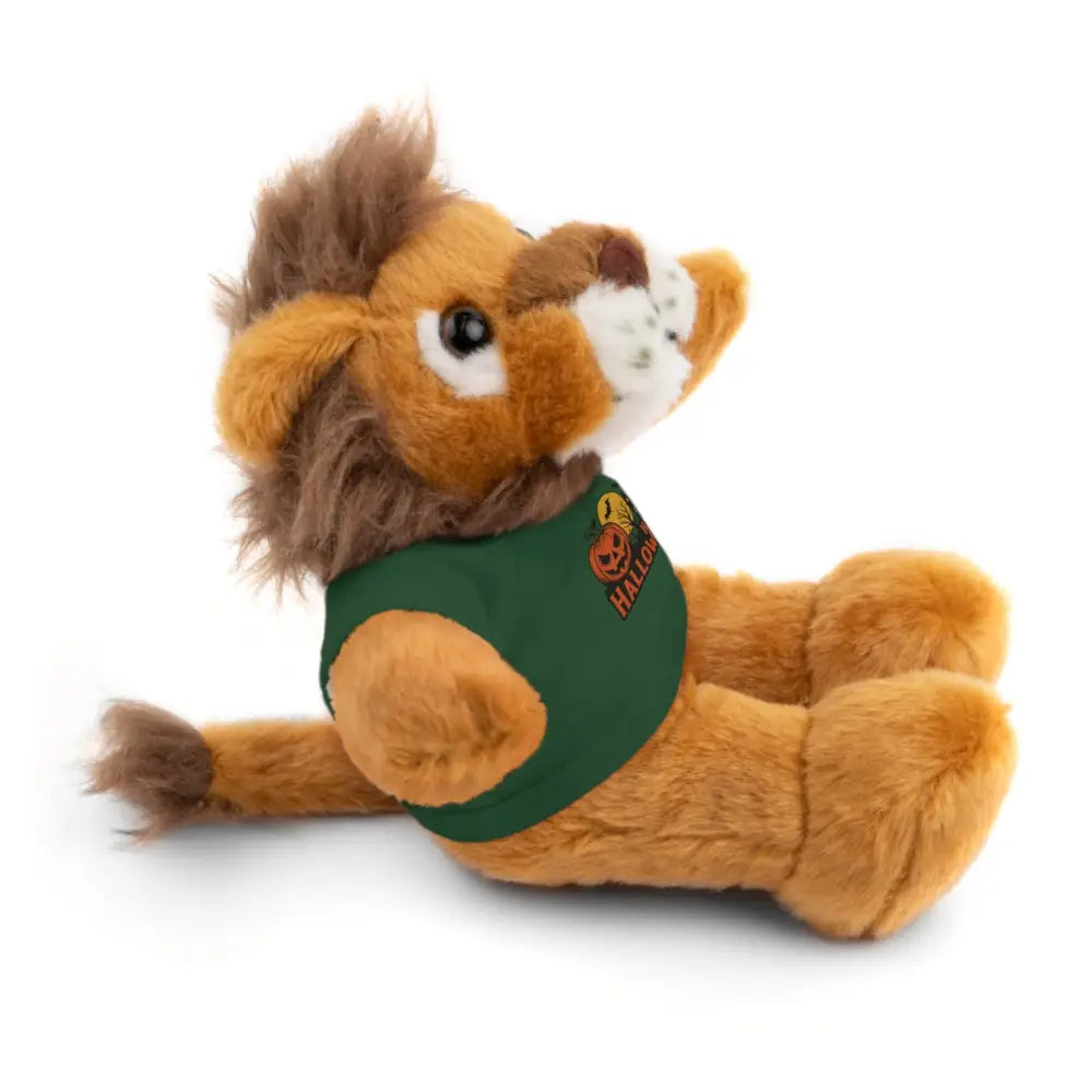 Brown plush lion wearing a green Halloween haunted house design tee collectible plush toy