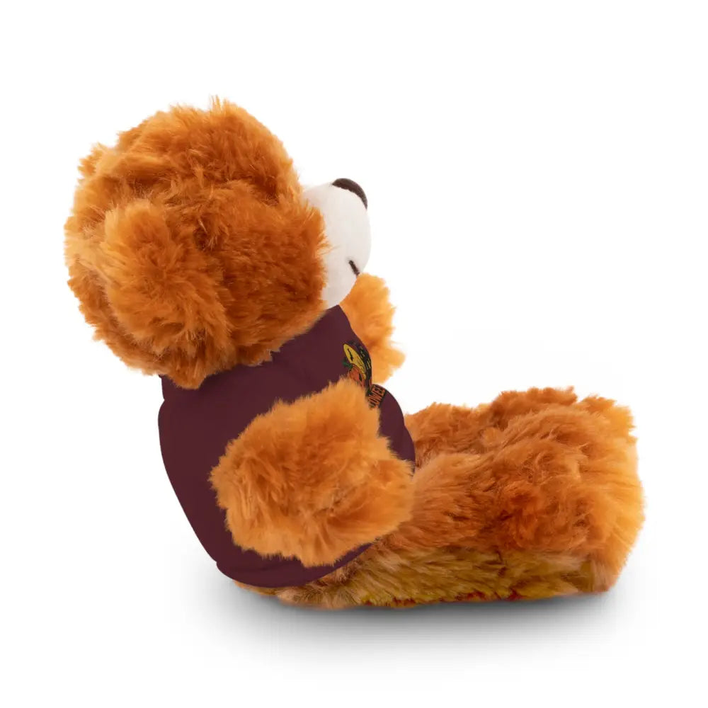 Fluffy brown teddy bear wearing a maroon shirt from Halloween Stuffed Animal with Tee collection