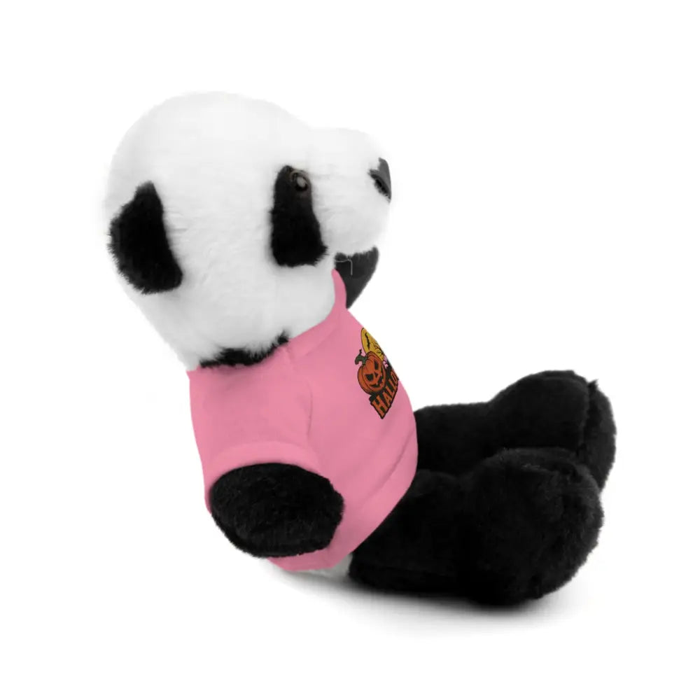 Black and white panda stuffed animal wearing a pink Halloween haunted house tee