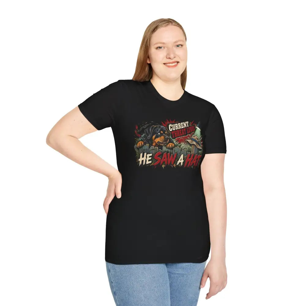 Black short-sleeved cotton t-shirt featuring a rottweiler graphic with current threat level he saw a hat text, low heat care