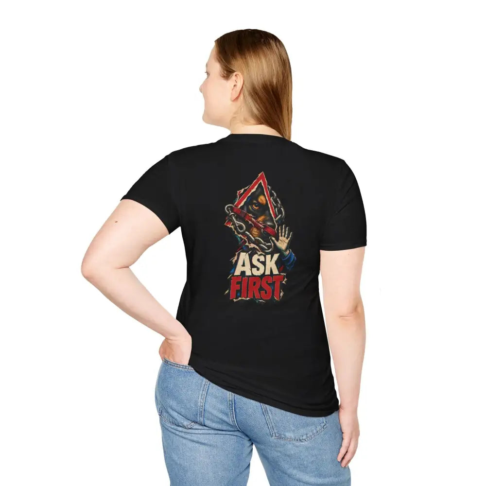 Black unisex short-sleeved t-shirt with a gorilla breaking a red frame graphic and ask first text, care low heat
