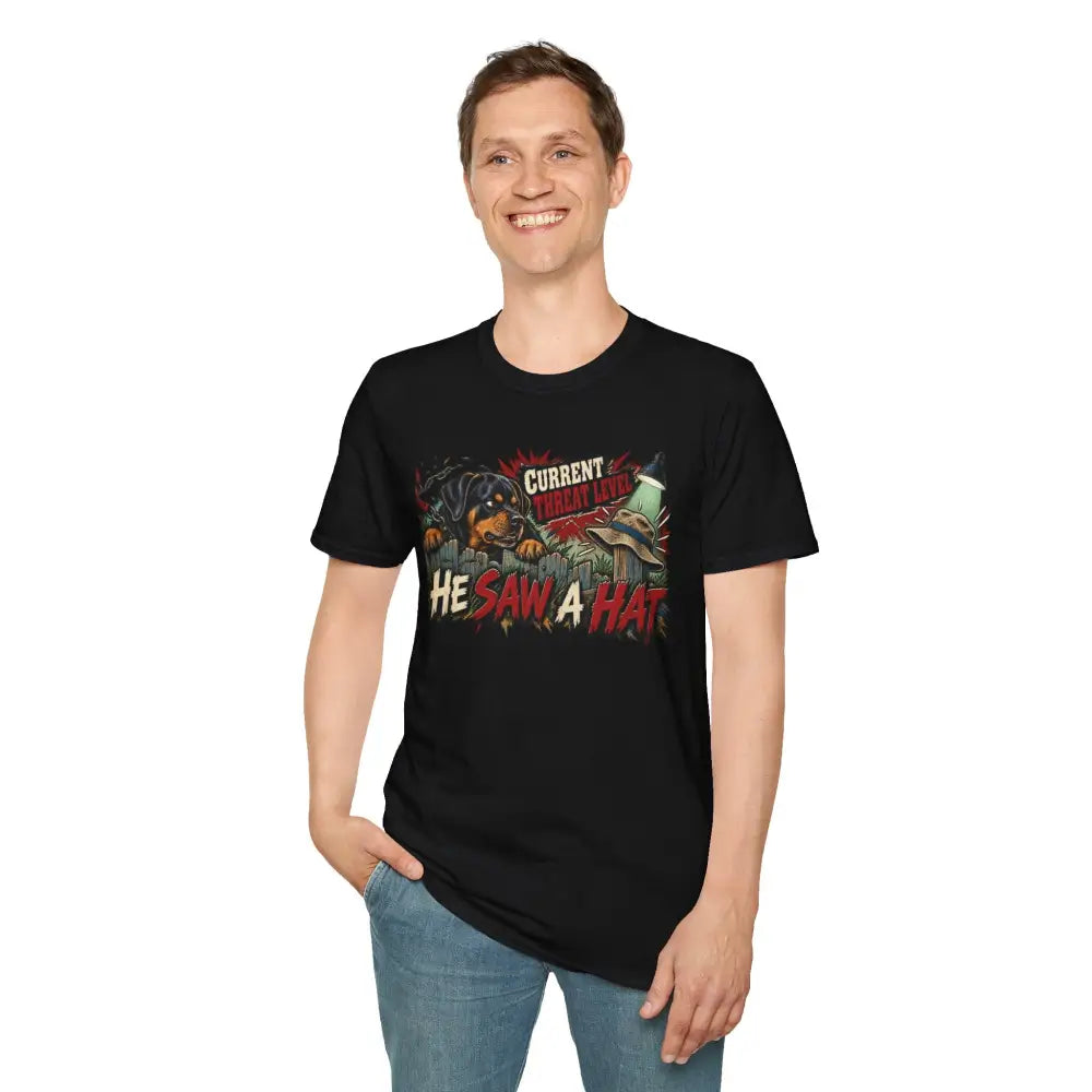 Black cotton he saw a hat unisex t-shirt featuring a rottweiler with wizard hat graphic and current insult level text low heat care