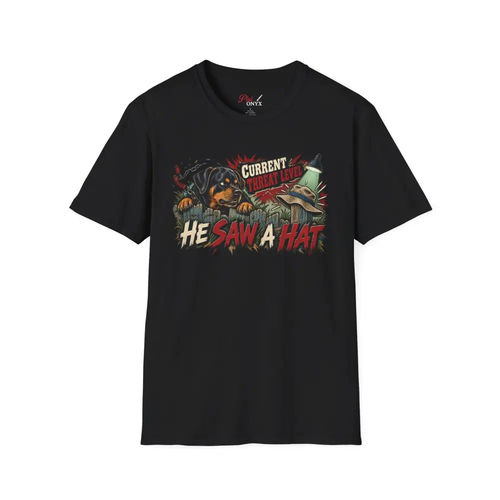 Black short-sleeved cotton t-shirt with a rottweiler graphic and red white green text he saw a hat low heat wash recommended