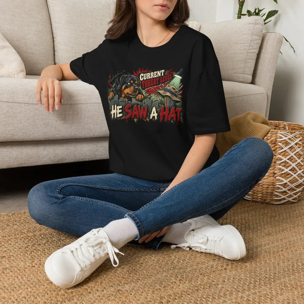 Black short-sleeved cotton t-shirt with rottweiler wizard hat graphic and current threat level text safe for low heat care