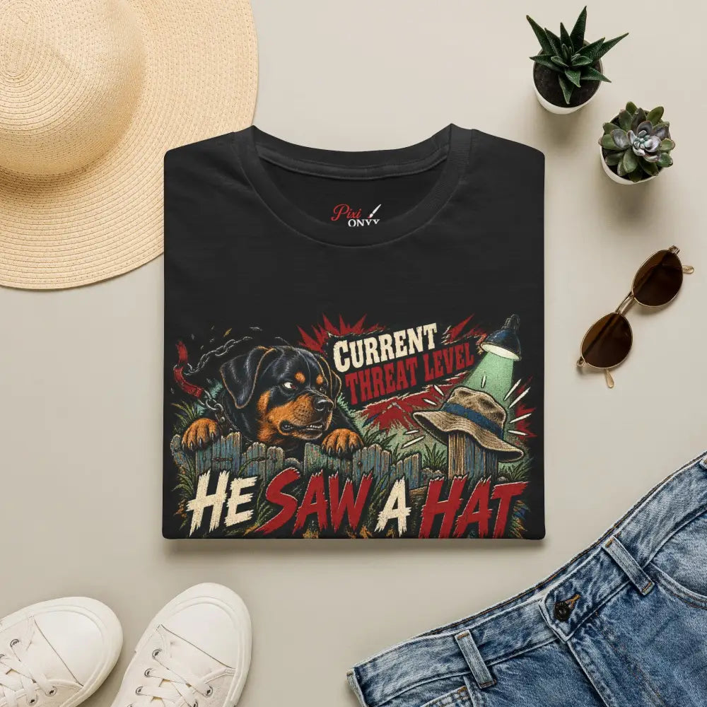 Black cotton unisex t-shirt with rottweiler graphic and current threat level he saw a hat text, wash low heat recommended