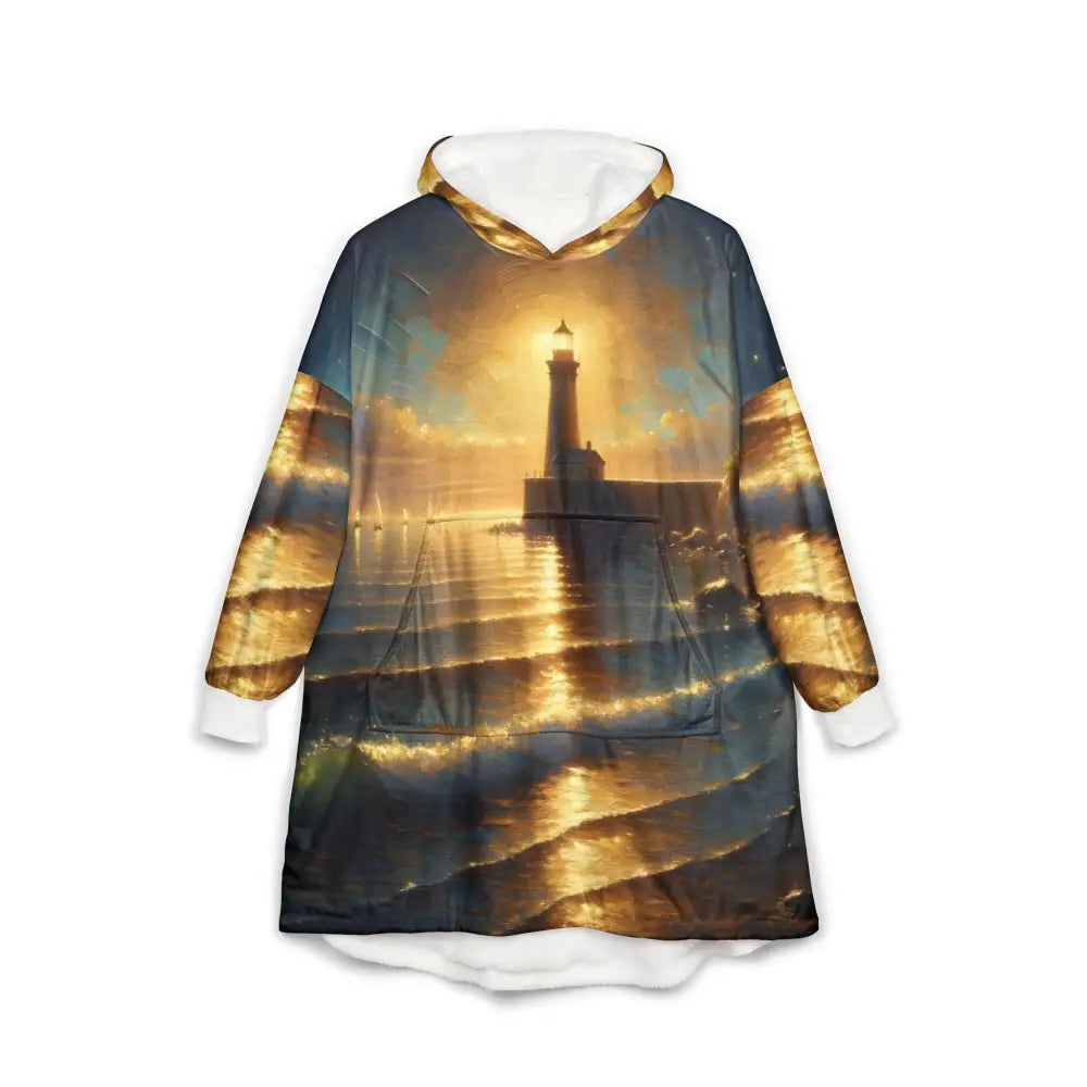 Lighthouse-themed wearable blanket hoodie with coastal lighthouse art fleece by PixiOnyx