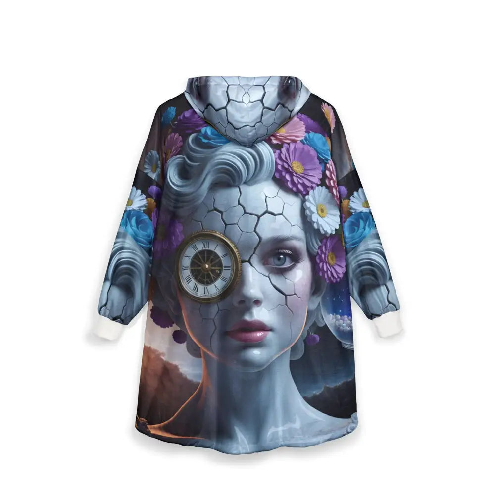 Hooded blanket with cracked statue woman design from Fractured Time Surreal Floral Art Cozywear