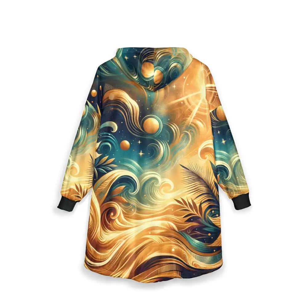 Hooded blanket sweatshirt with celestial nebula design from PixiOnyx Cosmic Swirl Comfort Cloak