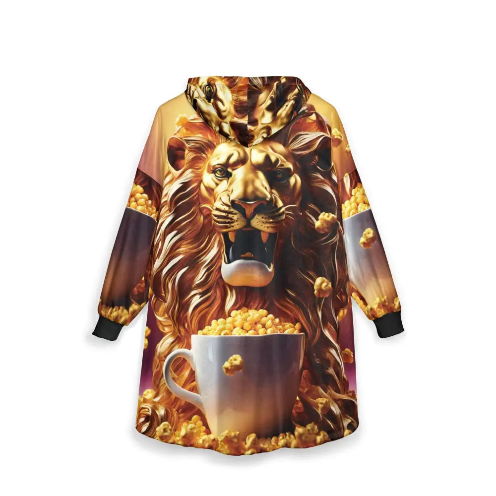 Lion and cereal-themed hooded blanket from Regal Cozywear by PixiOnyx featuring a playful design