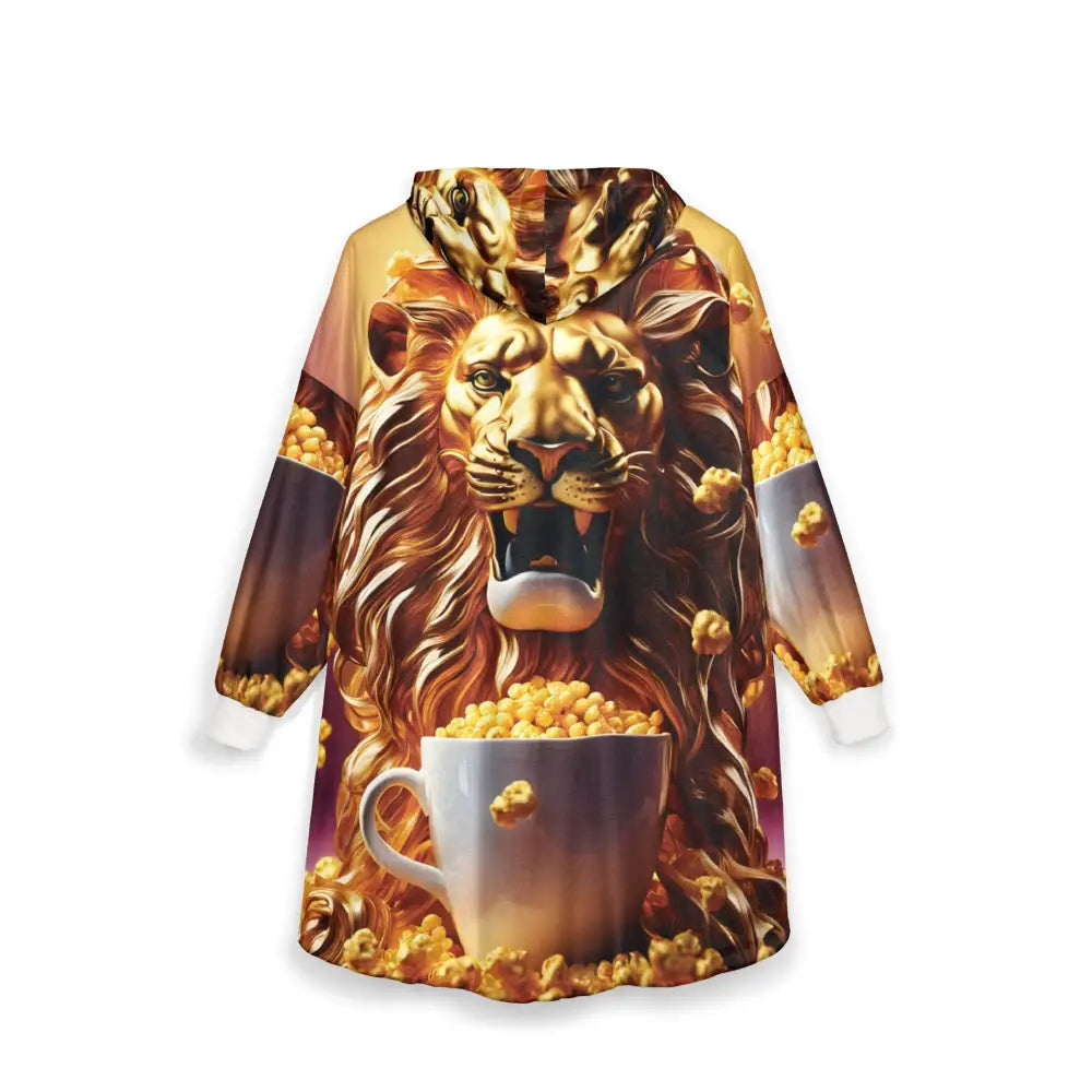 Lion and popcorn wearable blanket from Regal Cozywear by PixiOnyx featuring a hooded design