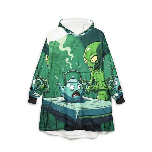 Alien and teapot design on cozy hooded blanket from Probe Protocol by PixiOnyx