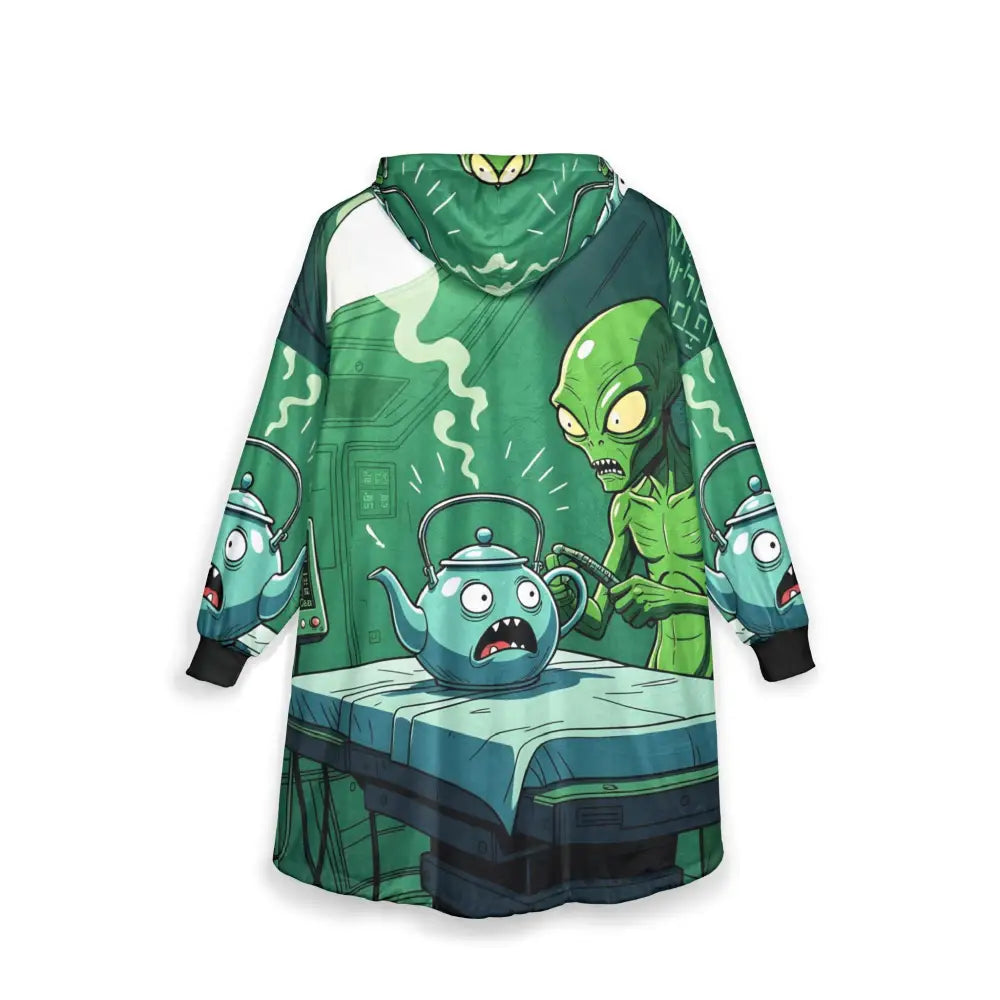 Alien and teapot hooded blanket from Probe Protocol Alien Tea Party Sci-Fi Cozywear by PixiOnyx