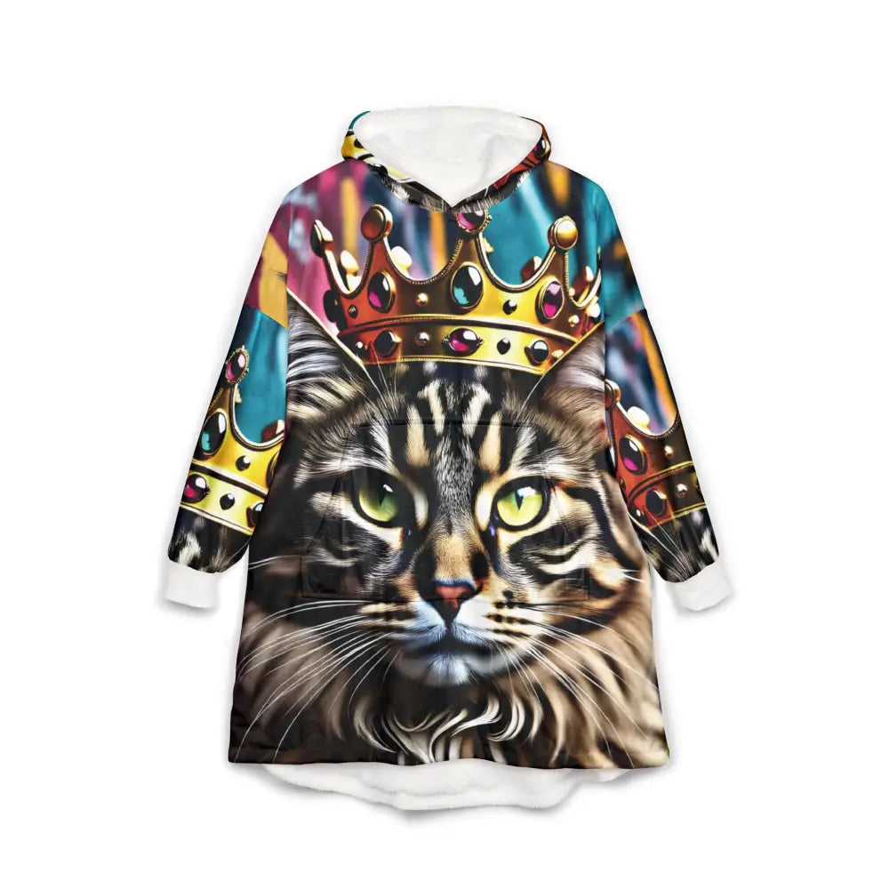 Cat-themed hooded blanket inspired by Royal Meowjesty for cozy cat king wearability