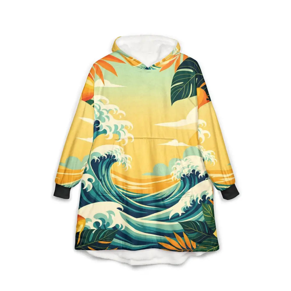 Oversized wearable blanket hoodie with tropical wave print from PixiOnyx Mango Surf Snuggle Cloak