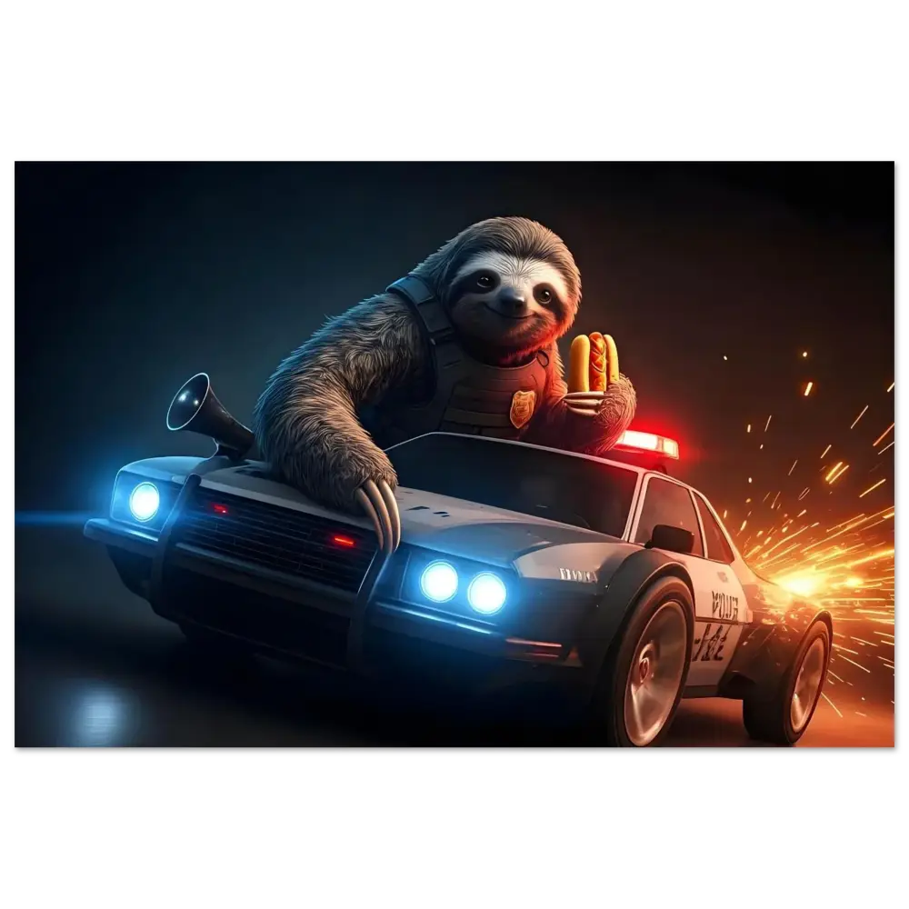 Sloth driving police car while holding hotdogs on PixiOnyx Velocity Humor Panel aluminum print