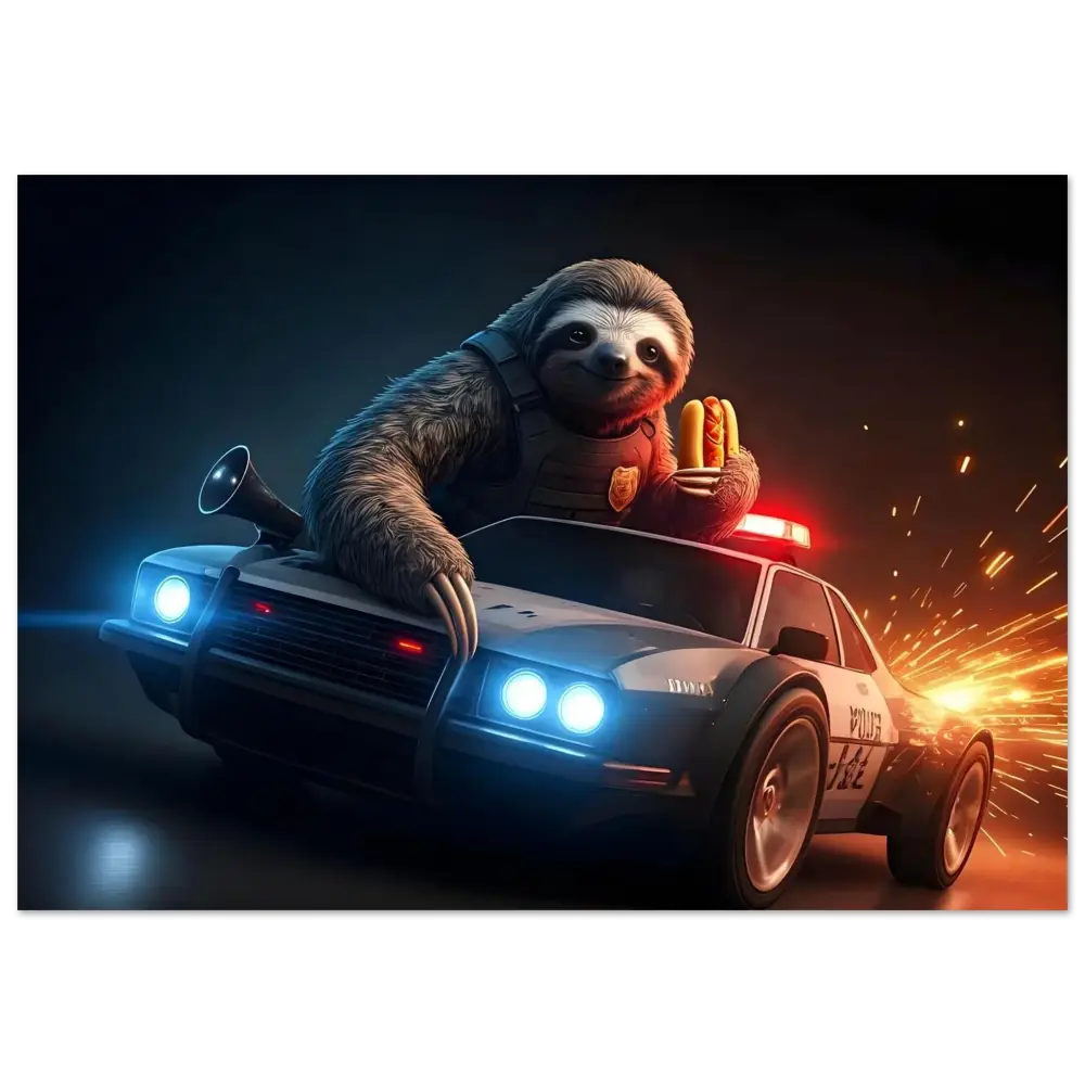 Sloth cop in police car with hotdogs on pixelated aluminum print titled Hot Pursuit Cold Hotdog