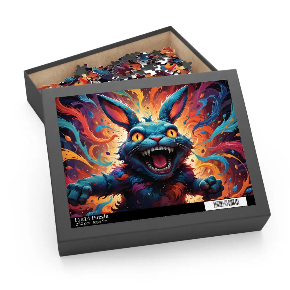 Colorful menacing rabbit design on Puzzle box for Inferno Giggle Jigsaw Puzzle by PixiOnyx