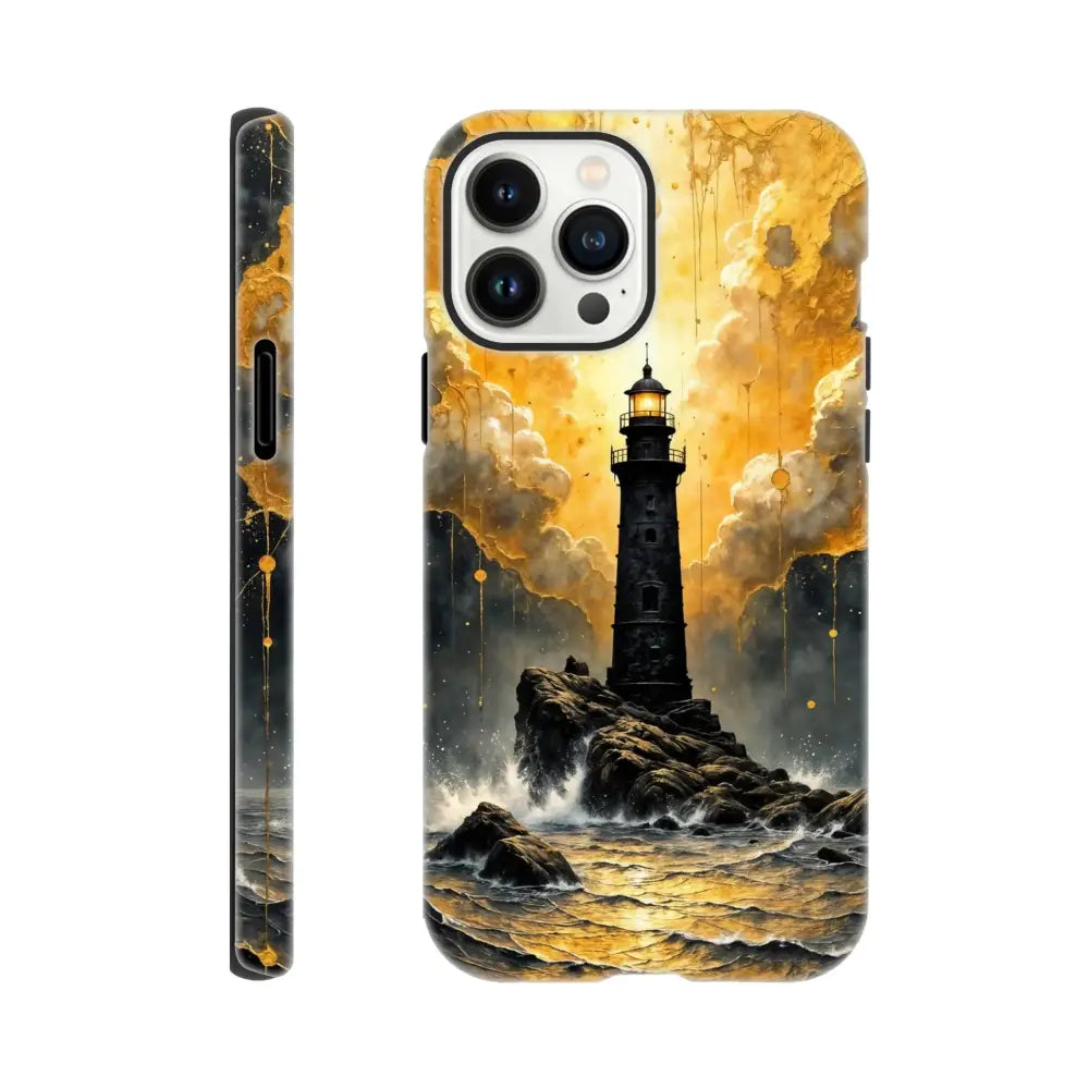 Black and gold lighthouse iPhone case with glossy polycarbonate outer surface and abstract lighthouse masterpiece design