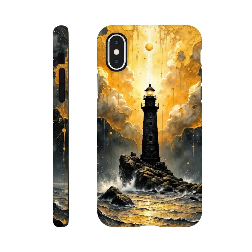 Black and gold lighthouse phone case with glossy polycarbonate outer surface for iPhone