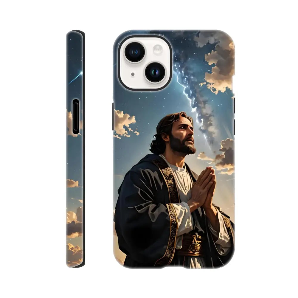 Jesus-themed phone case for iPhone featuring prayer and cosmic design by PixiOnyx
