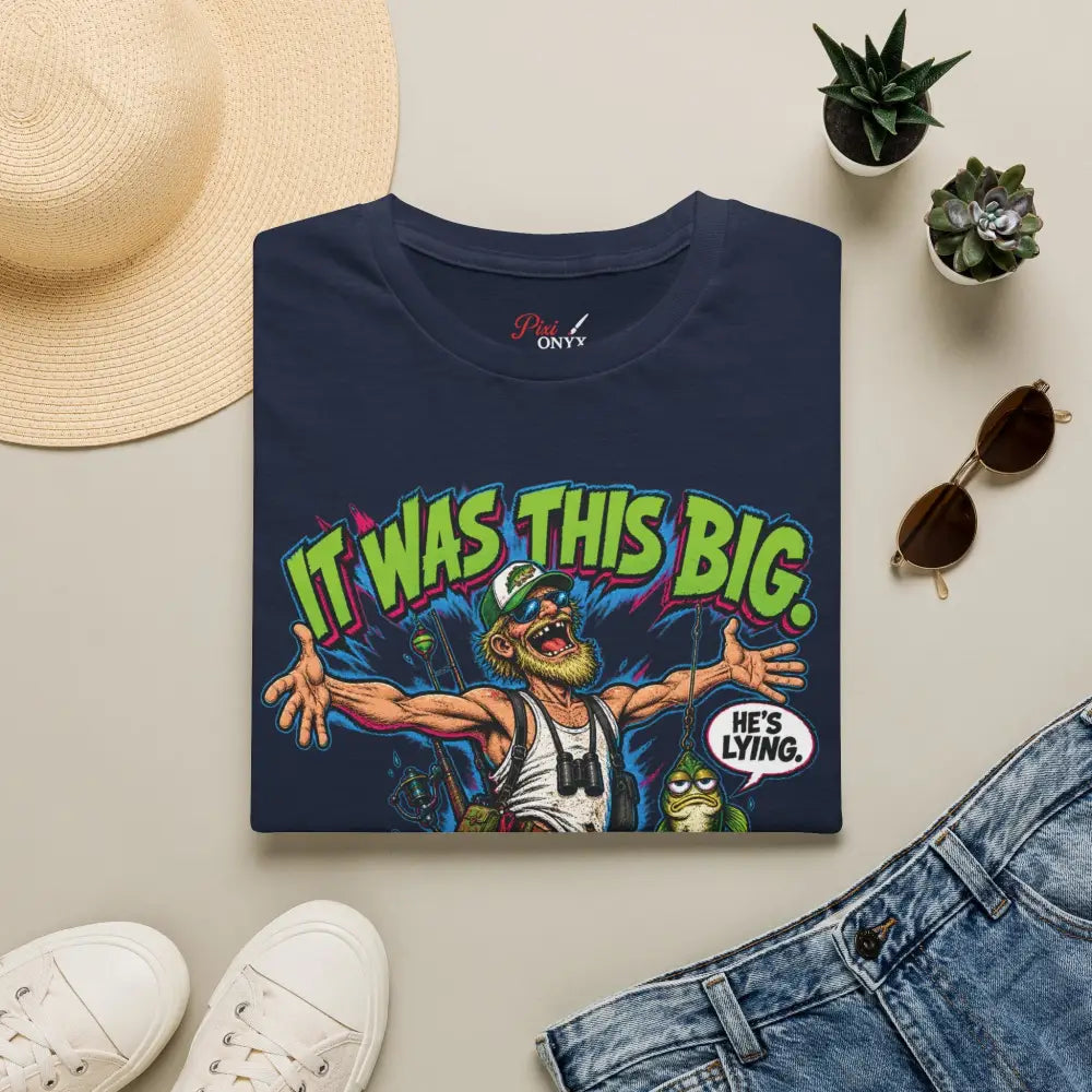 Navy blue cotton unisex t-shirt with vibrant cartoon bearded fisherman graphic and low heat tumble dry care instructions