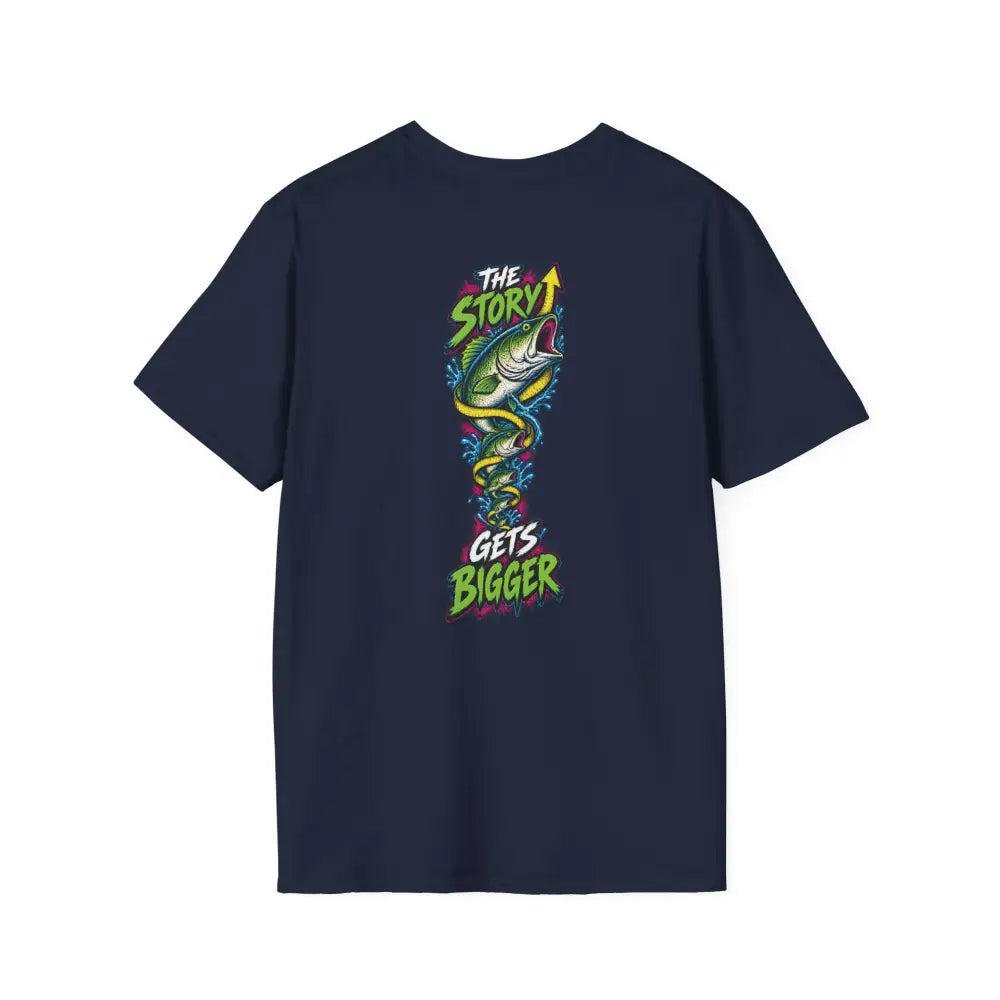Navy blue unisex short-sleeved t-shirt with vibrant green and yellow fish graphic and the story gets bigger text with low heat care instructions