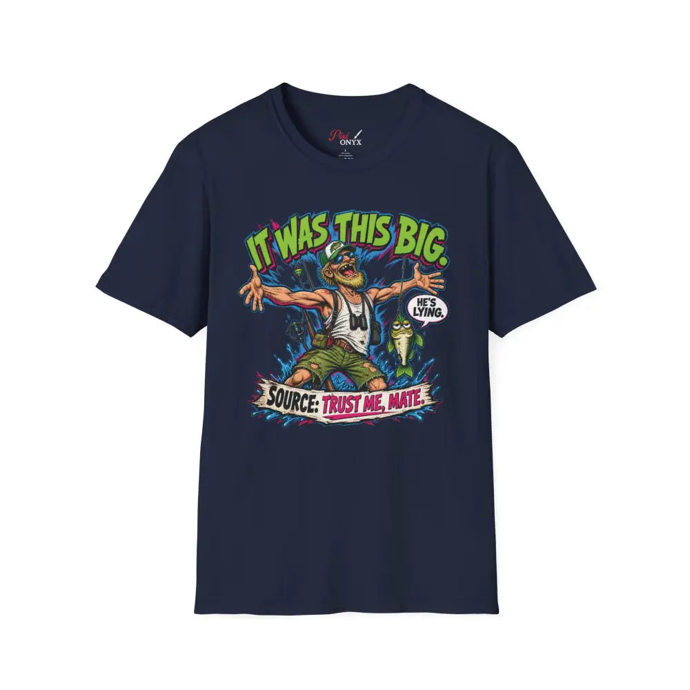 Navy blue short-sleeved unisex t-shirt with funny retro fishing graphic it was this big care instructions low heat tumble dry