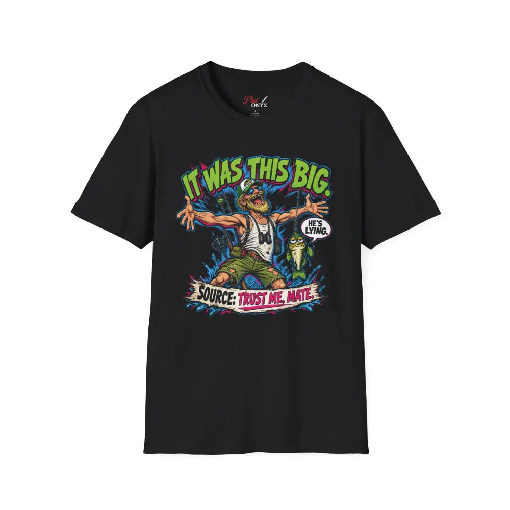 Black short-sleeved unisex t-shirt with a colorful bearded fisherman graphic and care instructions for low heat tumble dry