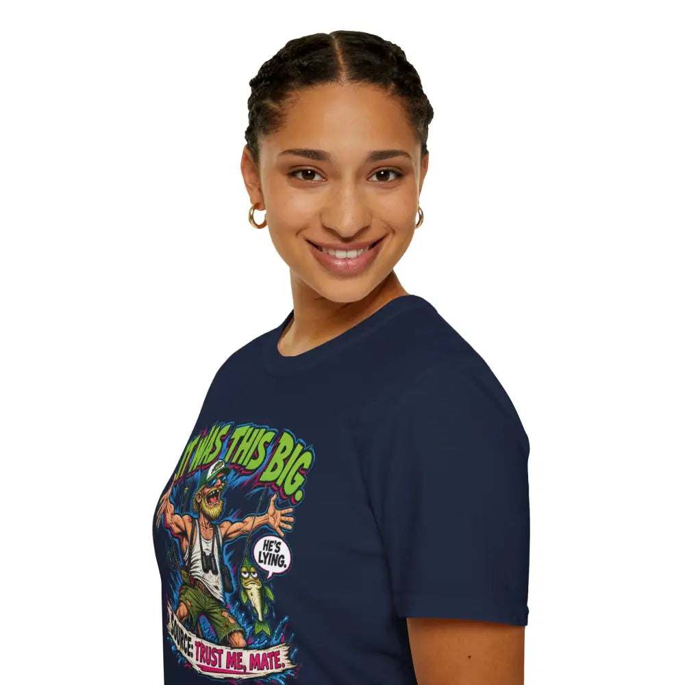 Navy blue it was this big graphic unisex t-shirt with colorful fishing design and care instructions for low heat tumble dry