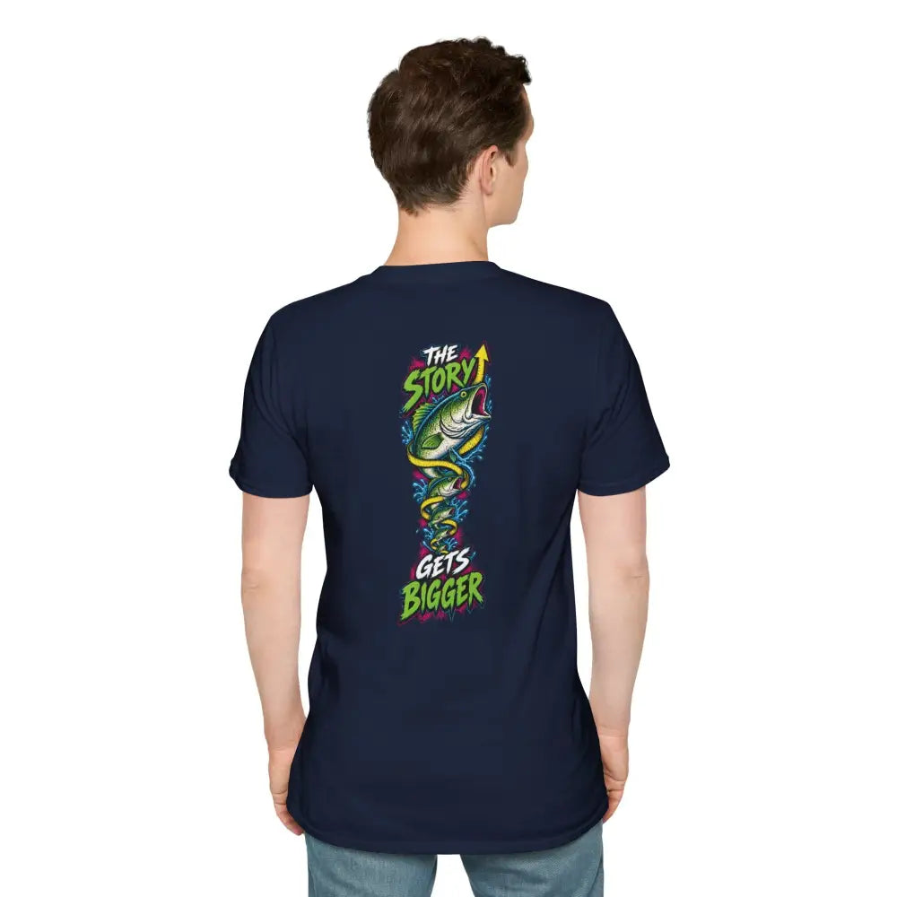 Navy blue unisex t-shirt with a colorful fish graphic and the story gets bigger text on back low heat tumble dry care instructions