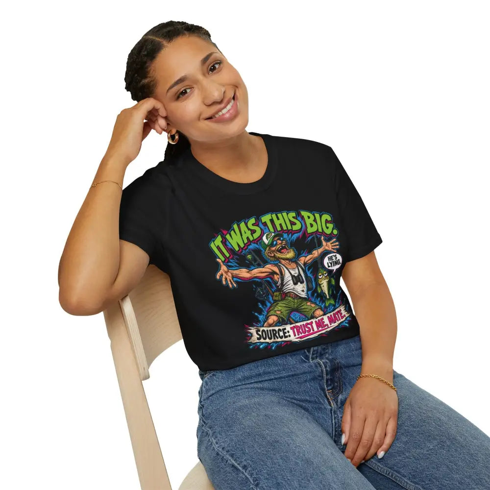 Black short-sleeved unisex t-shirt with colorful cartoon graphic it was this big care instructions low heat tumble dry