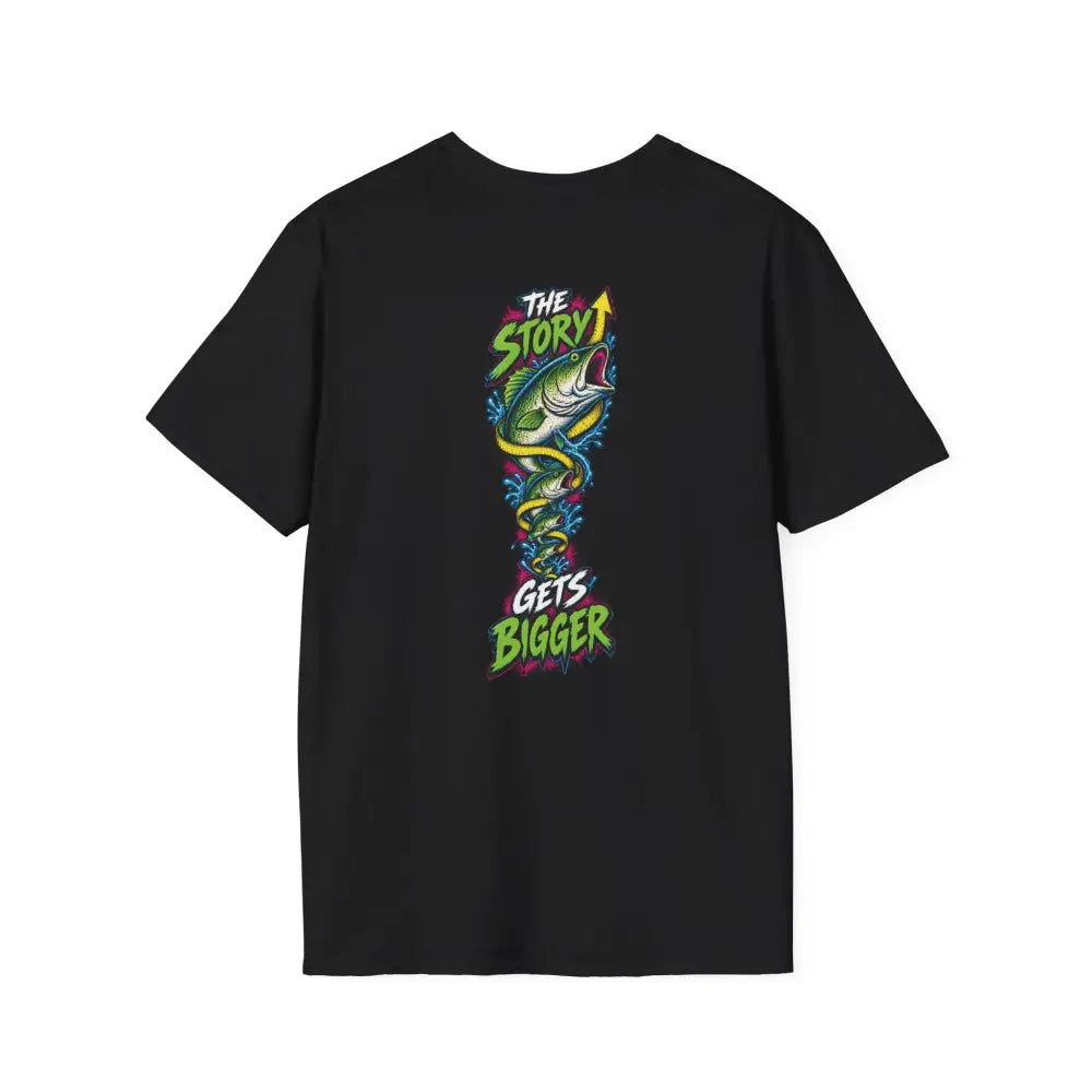 Black short-sleeved unisex t-shirt with vibrant green yellow fish graphic and the story gets bigger text care instructions low heat tumble dry