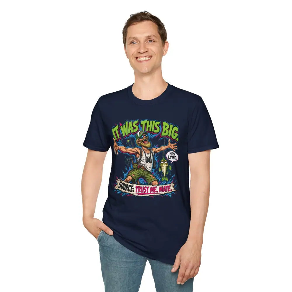 Navy blue cotton unisex t-shirt with funny retro fishing graphic and care instructions for low heat tumble dry
