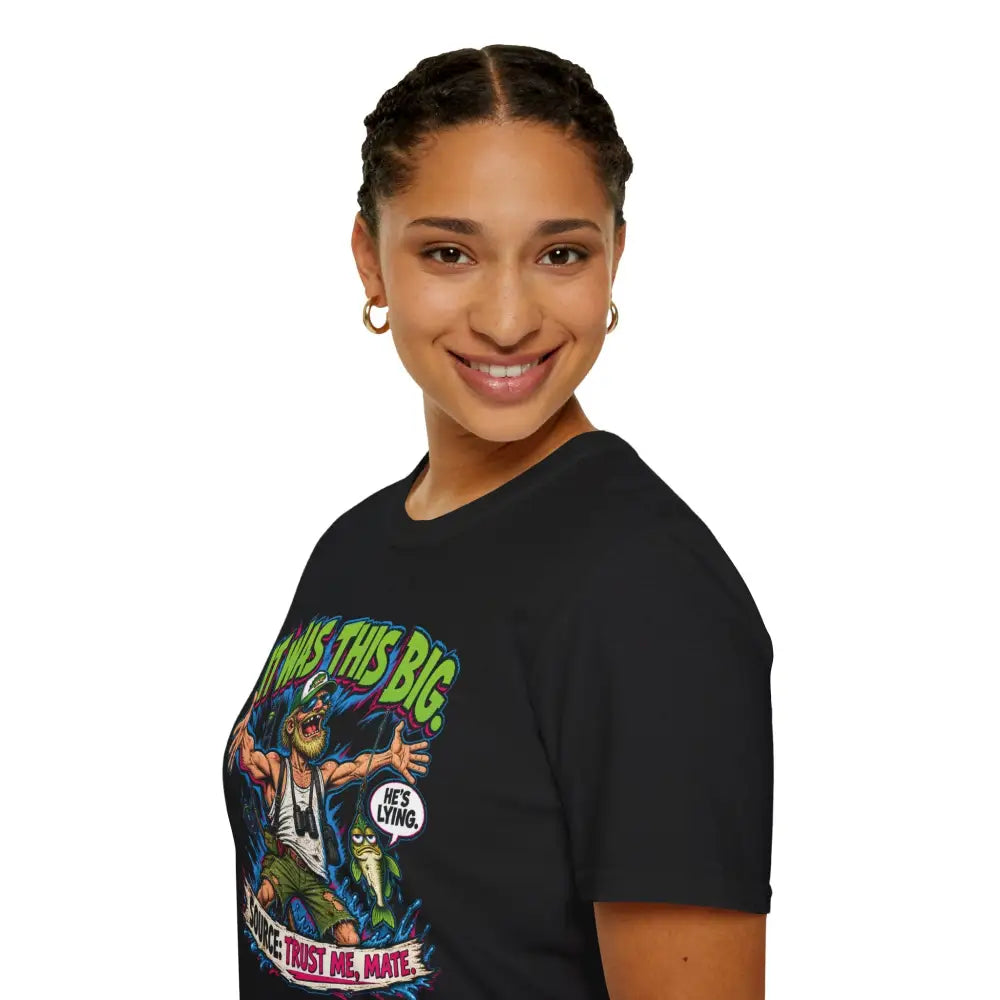 Black unisex t-shirt featuring colorful squidward graphic and text it was this big with care instructions low heat tumble dry