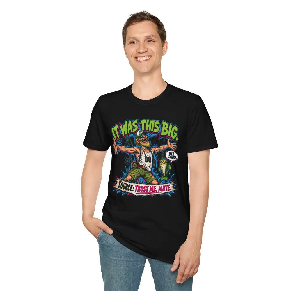 Black cotton unisex t-shirt with vibrant comic-style fishing graphic and it was this big text low heat tumble dry care instructions