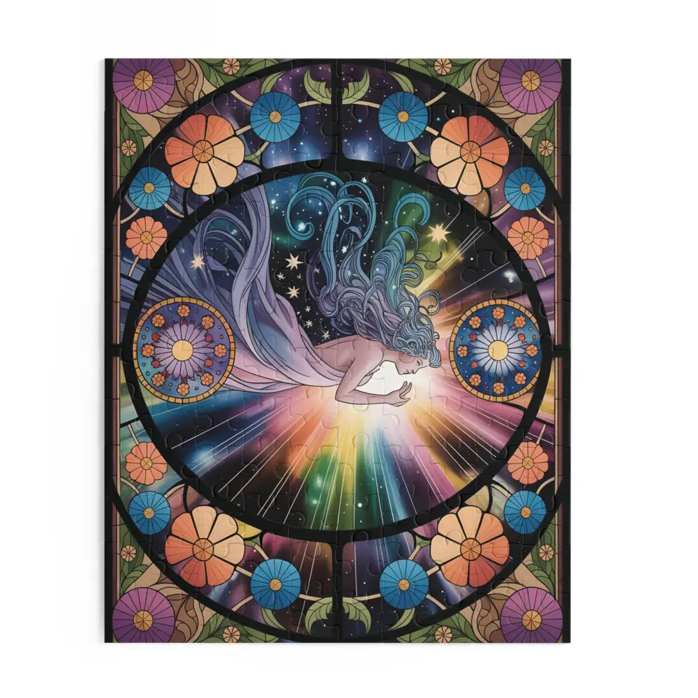 Stained-glass-style celestial bloom jigsaw puzzle from PixiOnyx Cosmic Puzzle Art
