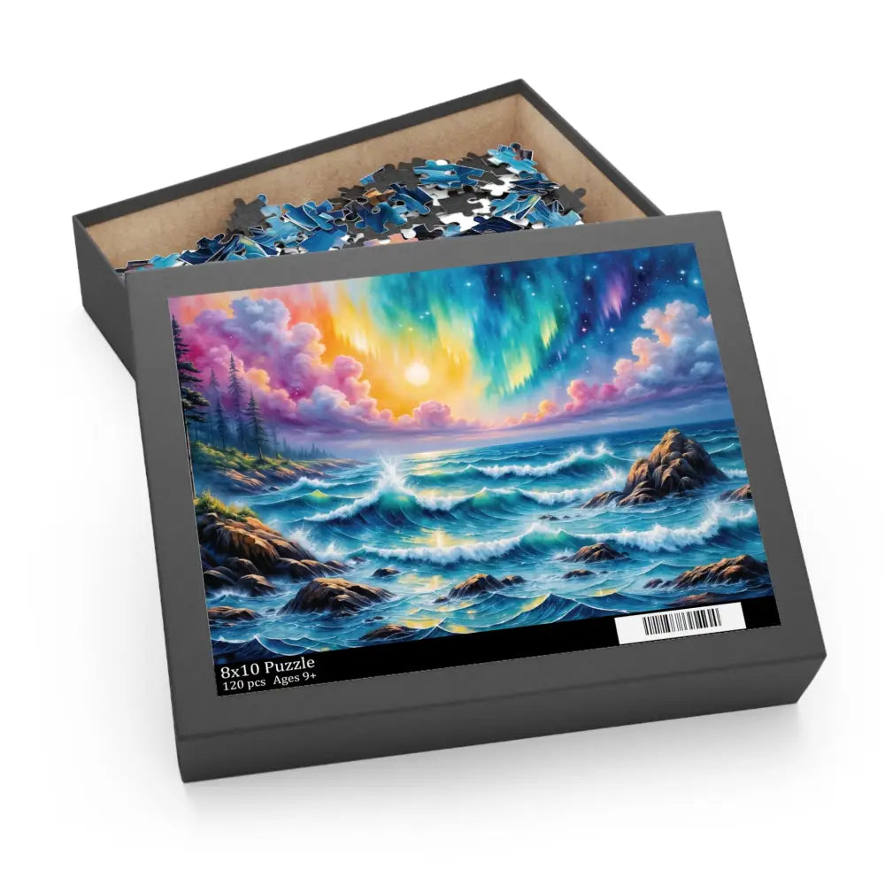 Open Jigsaw Puzzle box featuring Celestial Tide swirling aurora seascape design