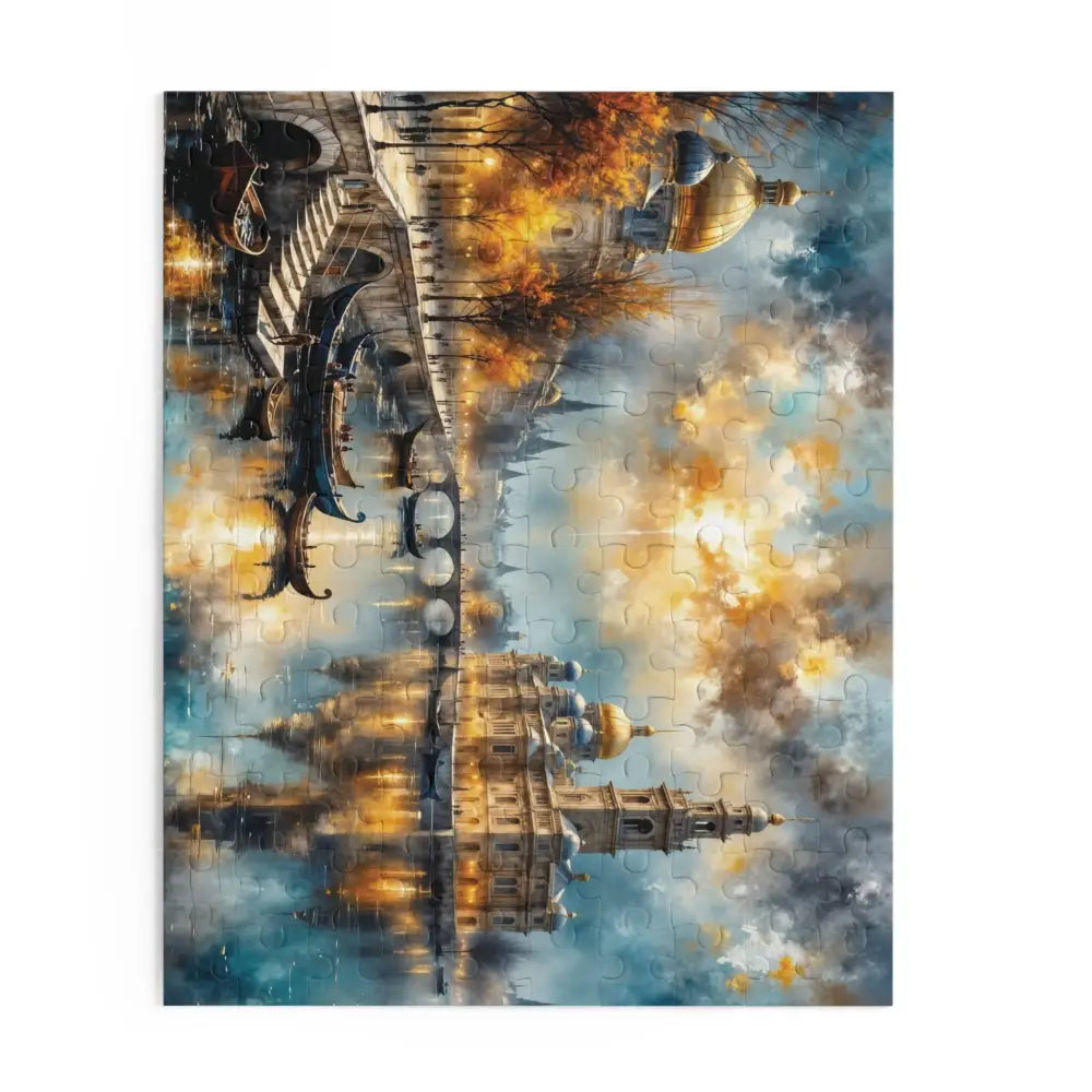 Jigsaw Puzzle Echoes of Gold and Sky with mirrored cityscape, tranquil gondolas converge under vibrant sky for captivating family nights and meditative solo play