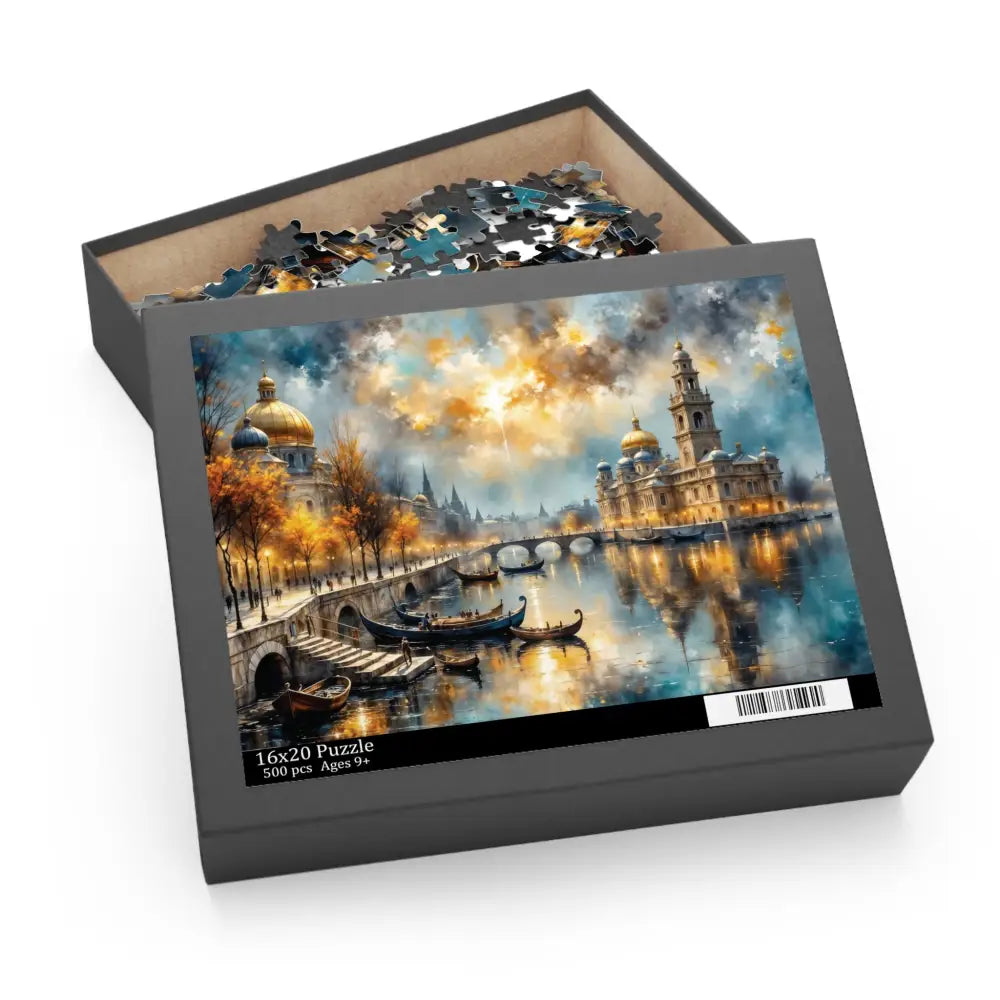 Gray puzzle box with colorful landscape lid for tranquil gondolas converge meditative solo play