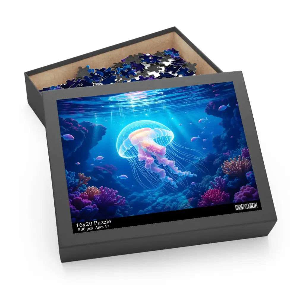 Jellyfish-themed jigsaw puzzle from PixiOnyx Lumen Depths Series titled Glowing Wanderer