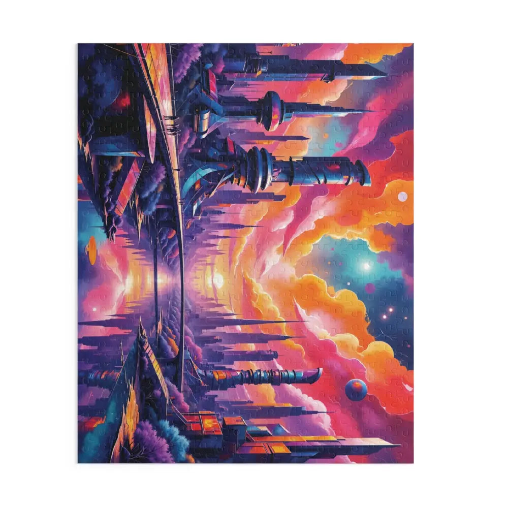 Vibrant futuristic cityscape in a surreal sci-fi realm with colorful sky for vivid visual escape