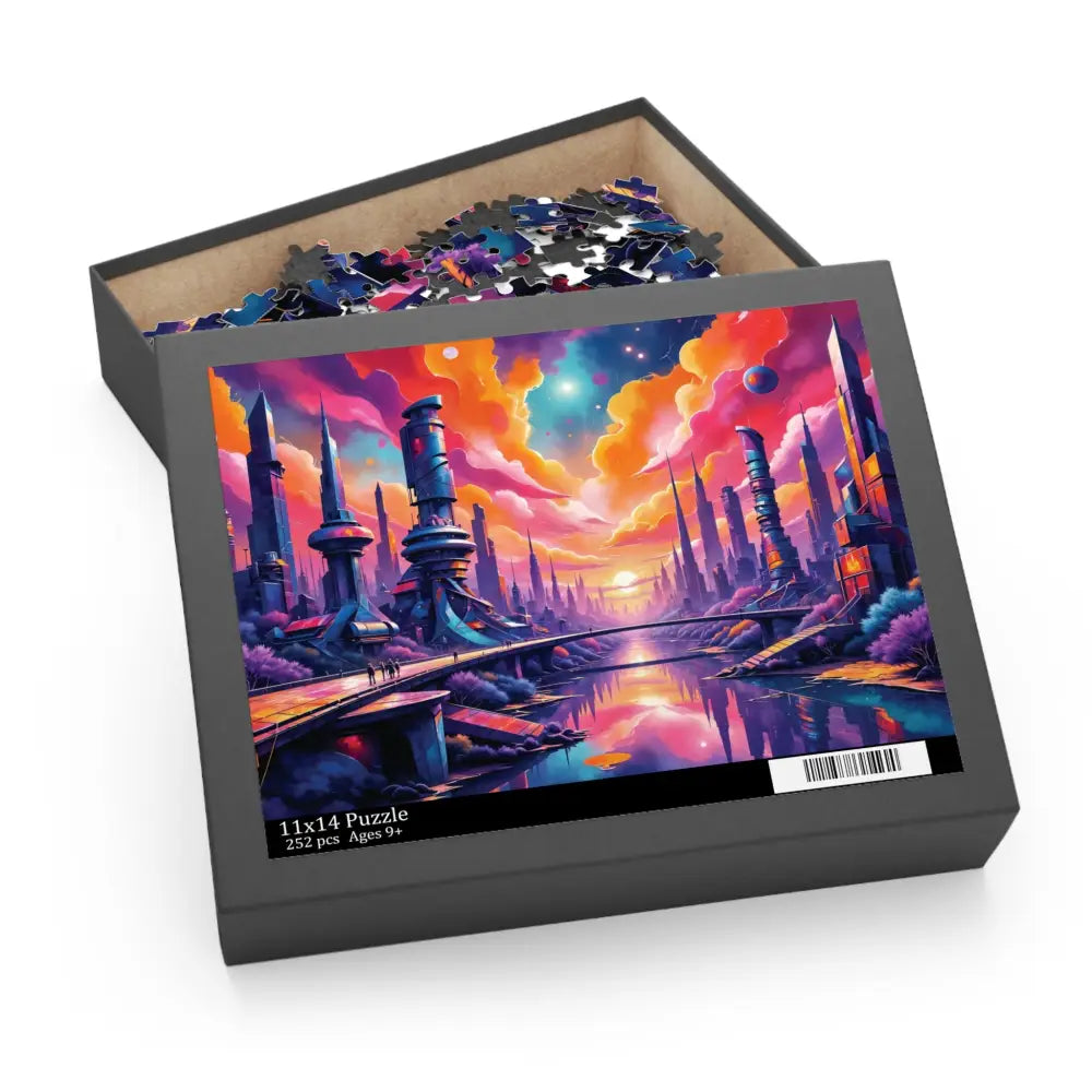 Vibrant futuristic cityscape puzzle in open box, perfect for surreal sci-fi realm visual escape