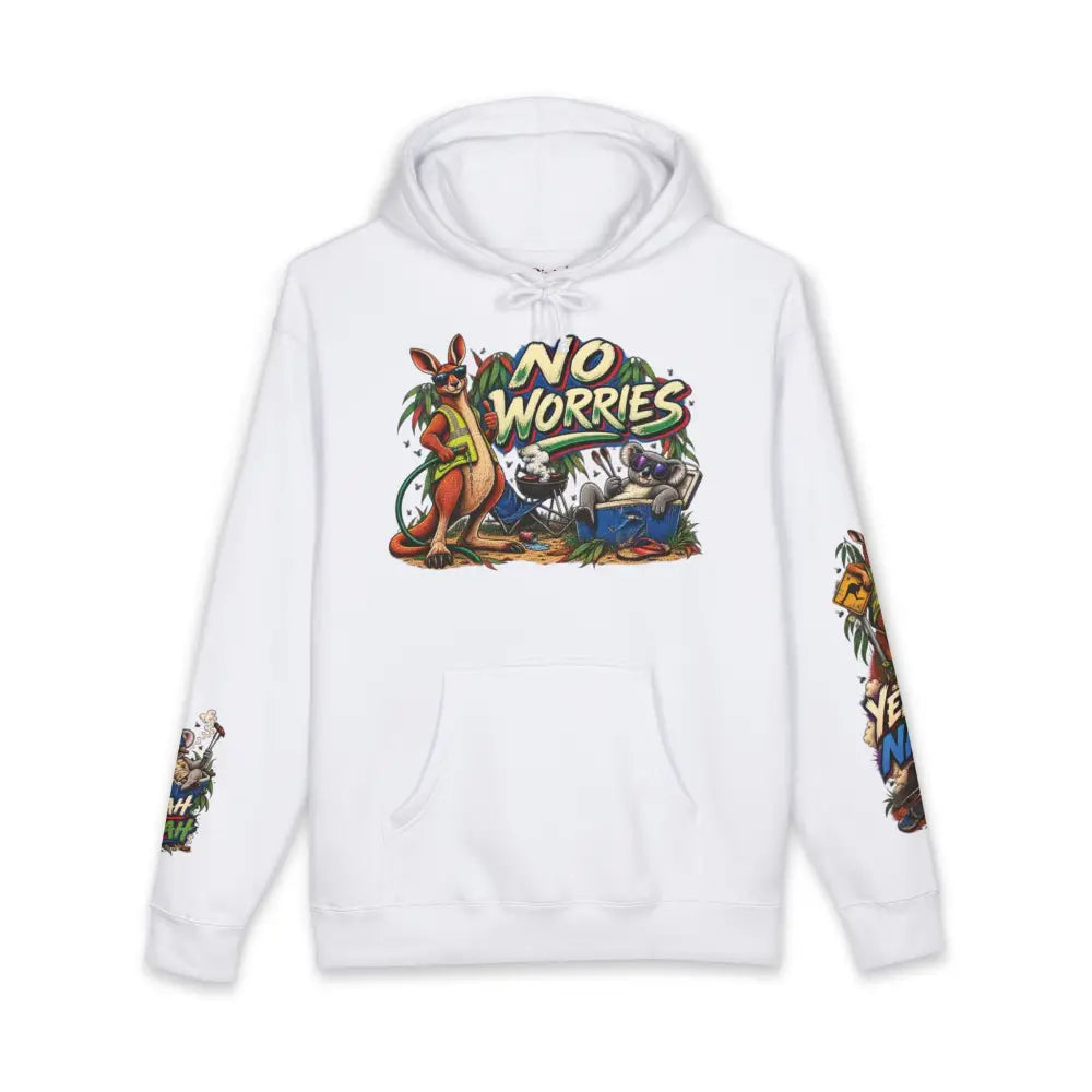 White heavyweight hooded sweatshirt featuring colorful no worries graphic with cartoon kangaroos and tropical sleeves