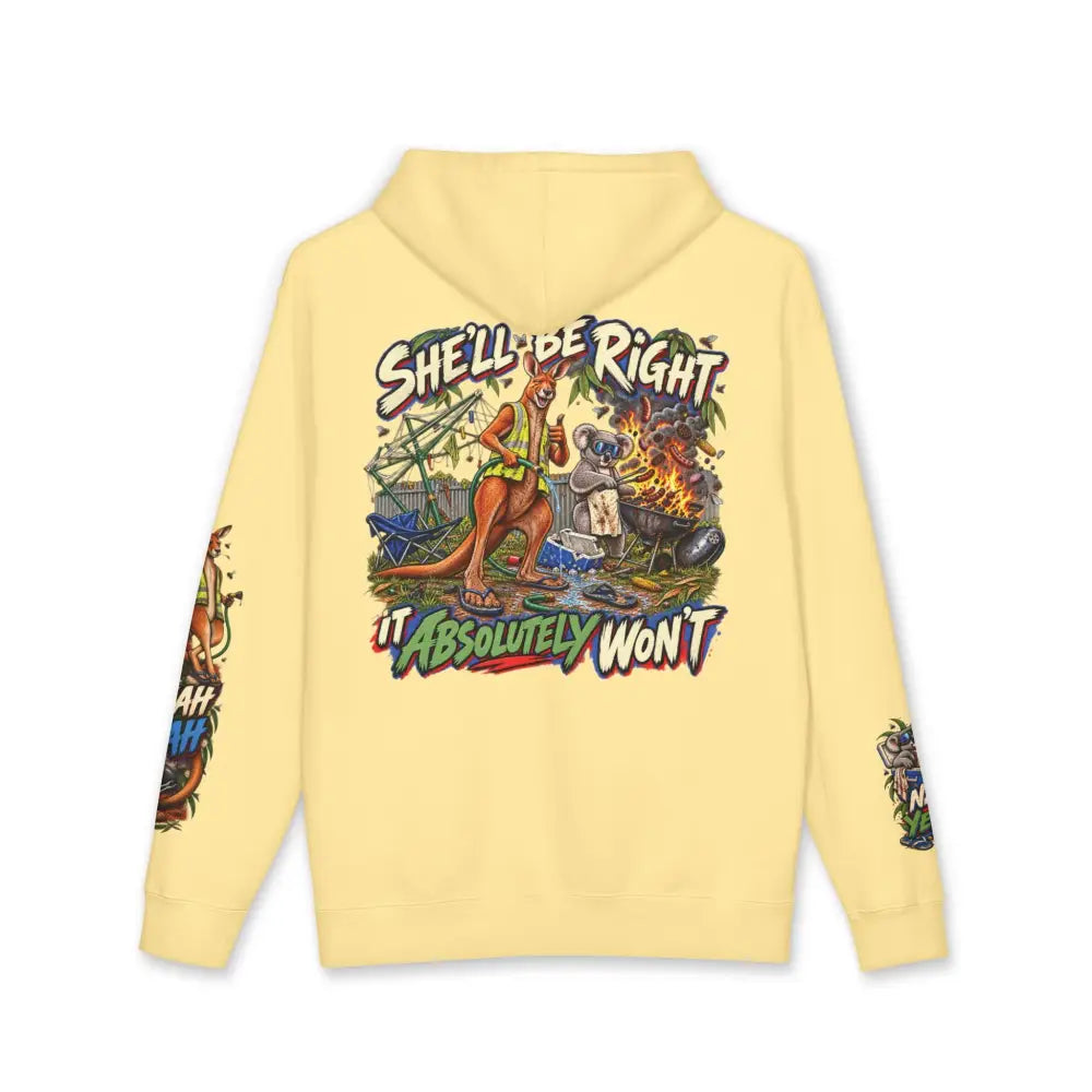 Pale yellow heavyweight hooded sweatshirt featuring a vibrant cartoon graphic of kangaroos and koalas in an outdoor scene