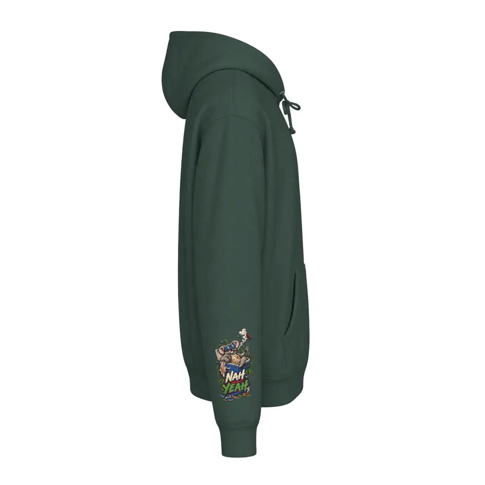 Dark green heavyweight hooded sweatshirt with colorful cartoon graphic print on left sleeve kangaroo no worries hoodie