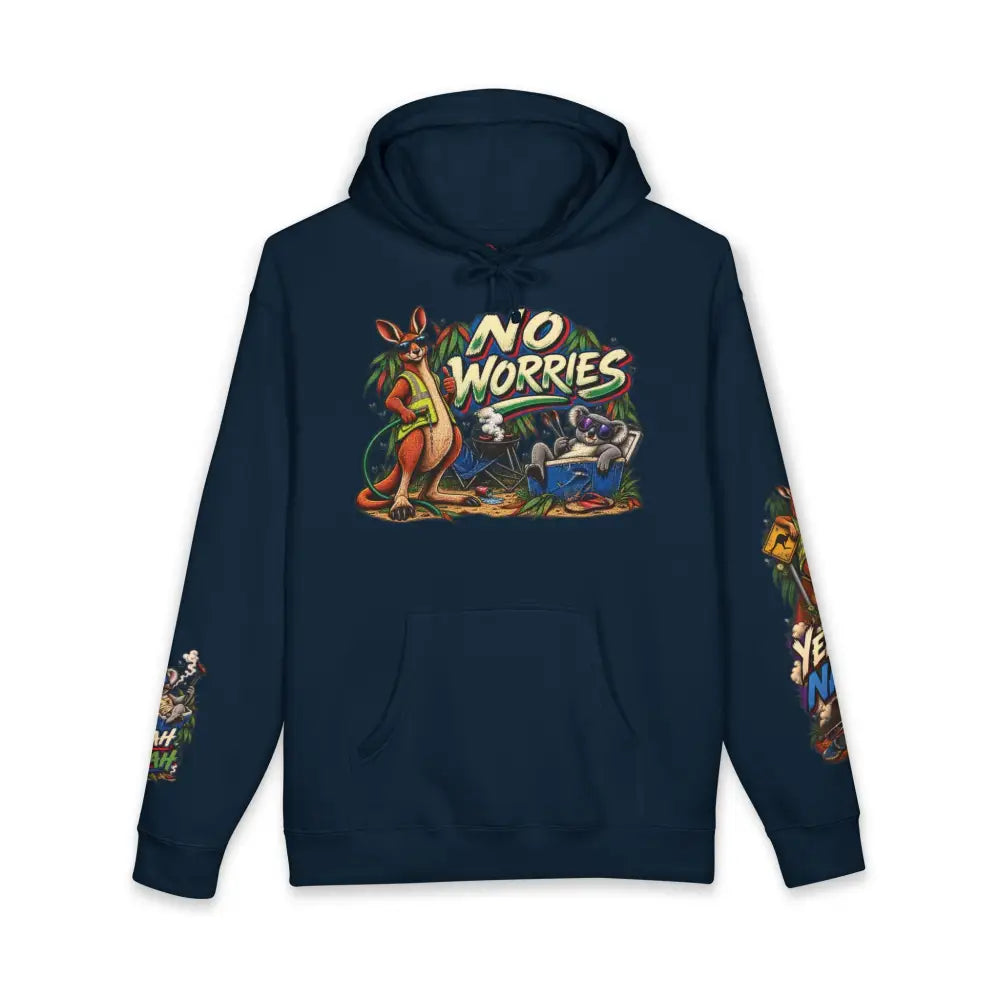 Navy blue heavyweight hooded sweatshirt with colorful no worries kangaroo and koala graphic and detailed sleeve designs