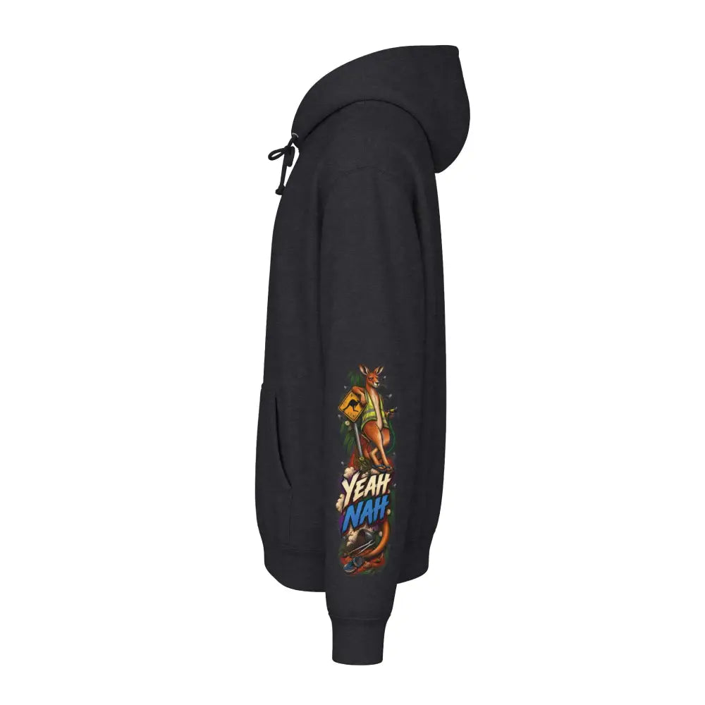 Black heavyweight hooded sweatshirt featuring a colorful kangaroo graphic holding a suitcase with yeah nah text