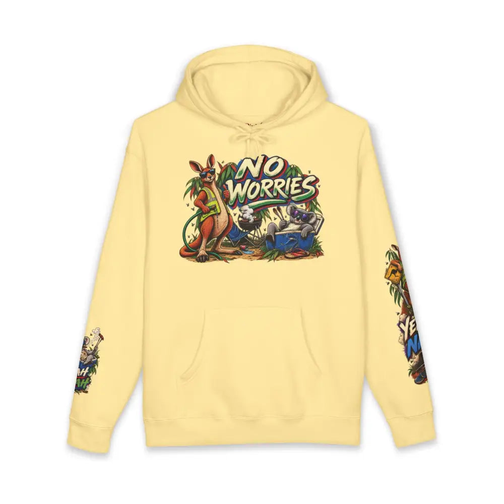 Pale yellow heavyweight hooded sweatshirt with no worries graphic featuring cartoon kangaroos and koalas with matching sleeves